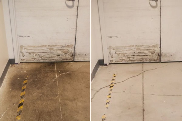 Demo-BA-Concrete-Results-1 Concrete floor - before stained and dirty entry - after clean and stain-free entry