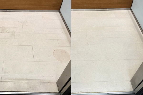 Demo-BA-Stone-Results-2 Natural stone elevator tile - before dirty with sticker residue - after clean stone tile floor
