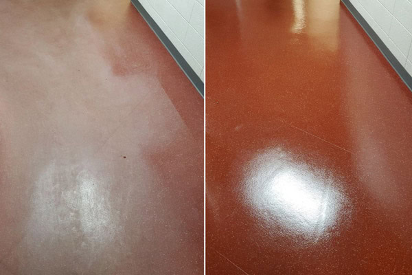 Red vinyl floor restoration before and after photos