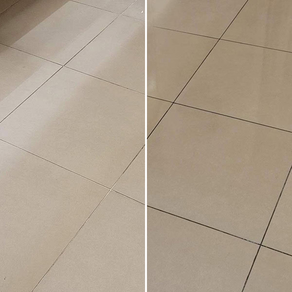 Corridor tile before and after restoration, with grout recolored and sealed