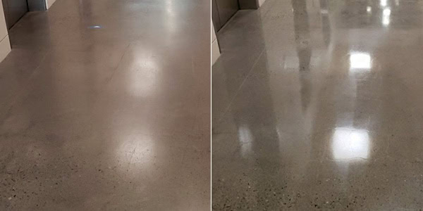 Commercial concrete corridor before and after restoration, dull and flat on the left, polished and reflecting light on the right.