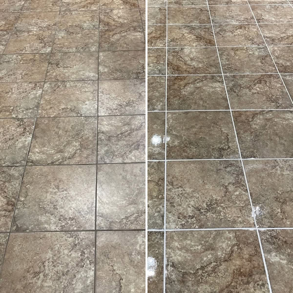 Dark discolored lobby grout before and after deep cleaning, recoloring and coating