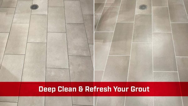 Tile and grout makeover before and after with grout recoloring.