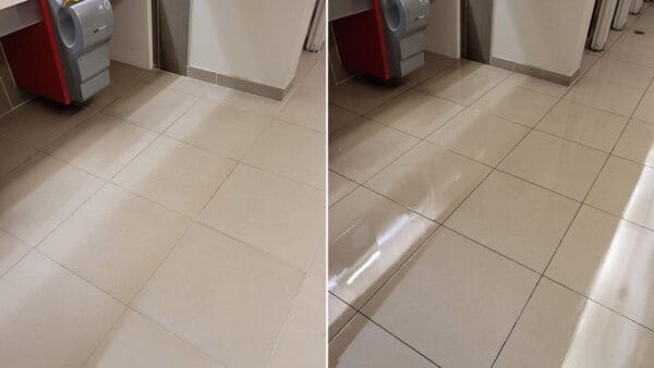 Restroom tile and grout makeover - deep clean, recolor grout and apply CareGuard protective coating with a high gloss finish.