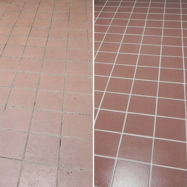Quarry tile in a commercial kitchen before and after deep scrub, acid wash and grout recolor