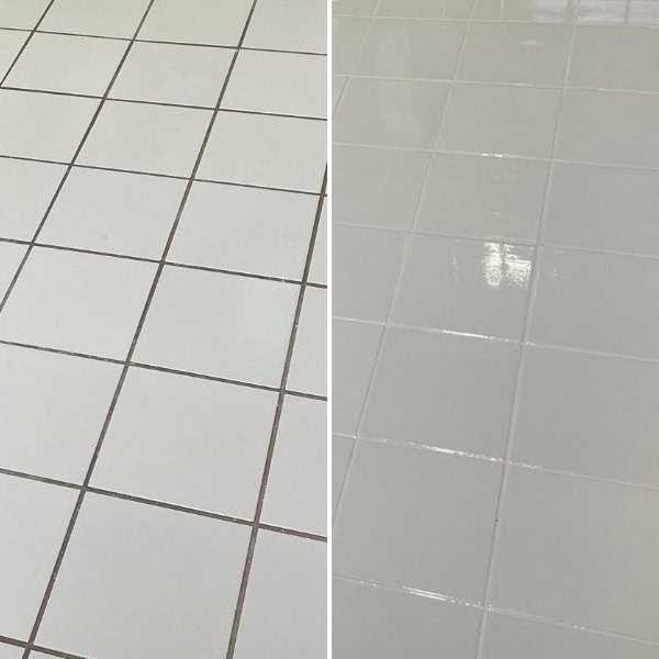 Restroom tile with stained grout before restoration and recolored, sealed grout after