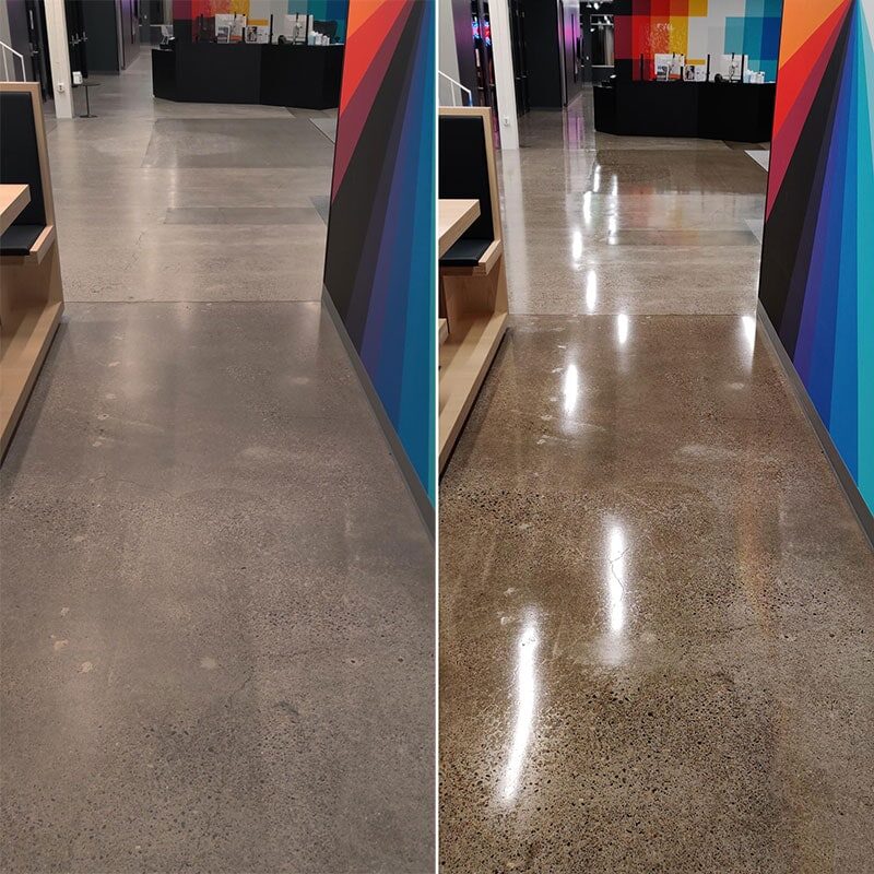 before and after polished concrete shine - protective floor coatings