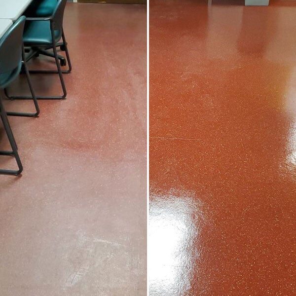 Resilient vinyl flooring before and after restoration photo
