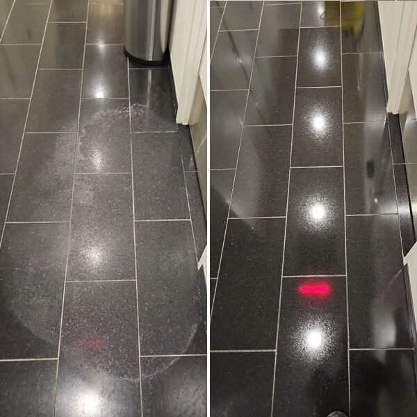 Etched natural stone tile before and after restoration