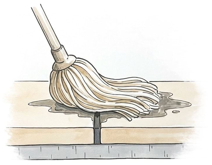 Cutaway of a tiled floor showing mop water running off the tile into the lower grout line, where it soaks into the grout.