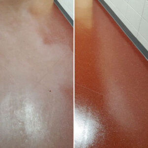 Resilient vinyl flooring before and after restoration photo