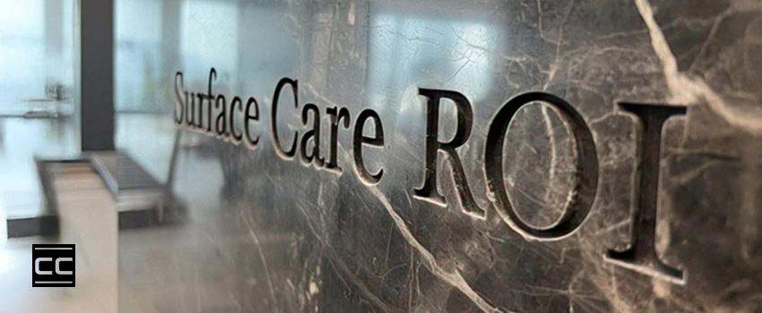 marble stone wall with etched Surface Care ROI in the stone