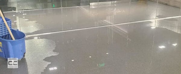 water sitting in the floor of a commercial space with mop bucket in view